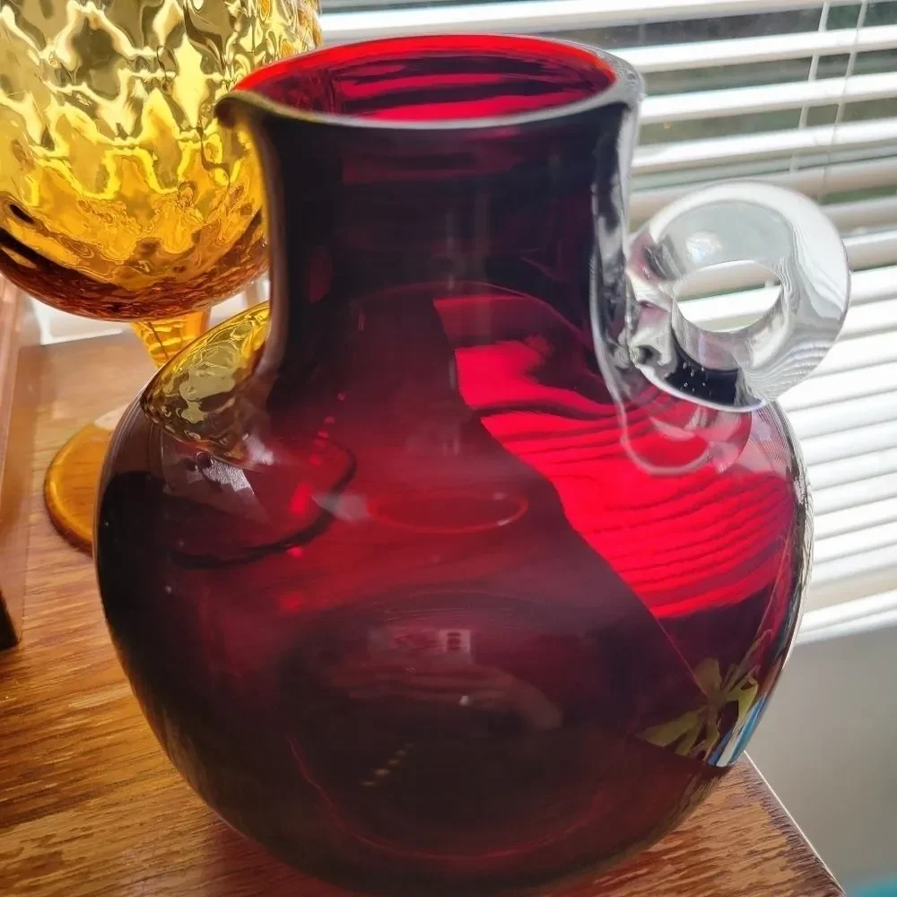 Vtg Dark Cranberry Red Glass vase Jug by Emanuel Beranek 1950s Skrdlovice Vase